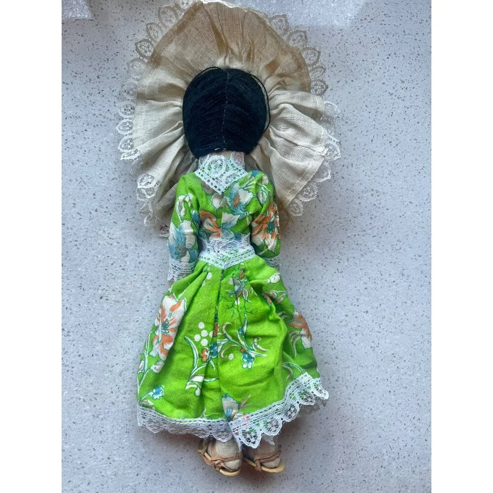 Handmade St. Thomas Folk Cloth Doll VTG In Traditional Green Dress With Veil